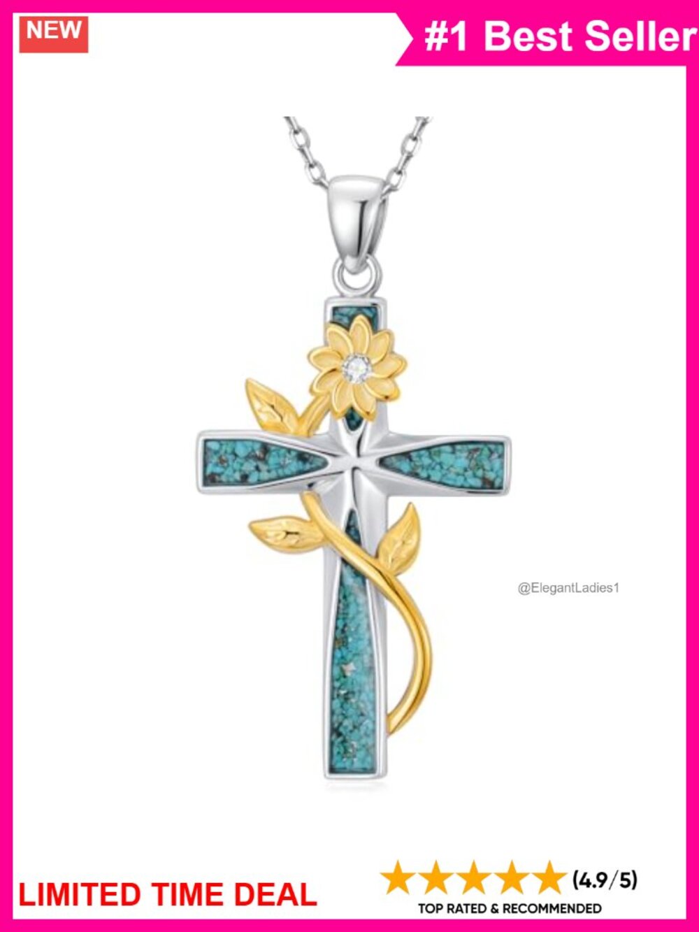 925 Sterling Silver Cross Sunflower Pendant Necklace 20 in Gift